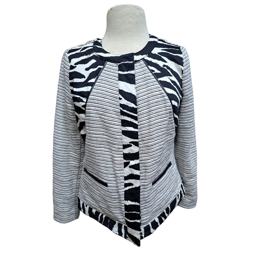 Chico's Blazer Press Button Tribal Printed Panel Linen Blend Jacket
